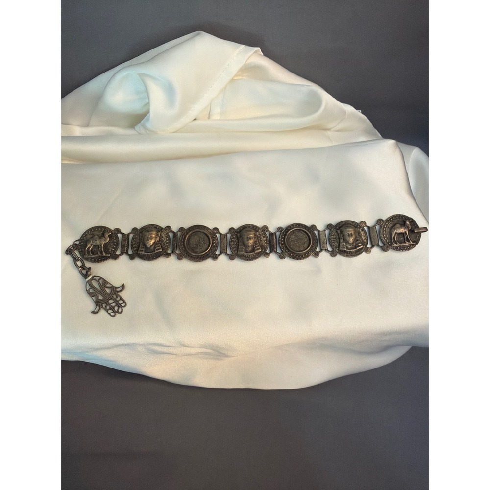 Vintage Egyptian Revival Panel Bracelet Pharaoh Camel Hamsa Hand Silver Tone